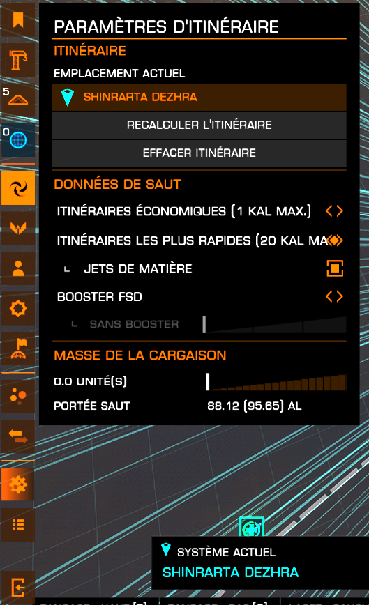 Vue Carte Galactique, paramètres itinéraire, jet neutrons